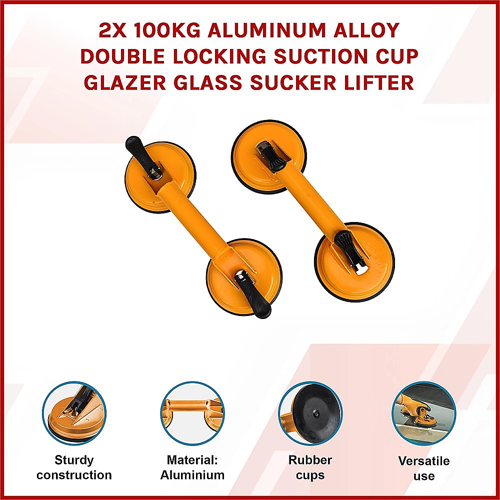 Kitchen & Bathroom DIY: 2x 100kg Aluminum Alloy Double Locking Suction Cup Glazer Glass Sucker Lifter
