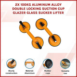 2x 100kg Aluminum Alloy Double Locking Suction Cup Glazer Glass Sucker Lifter