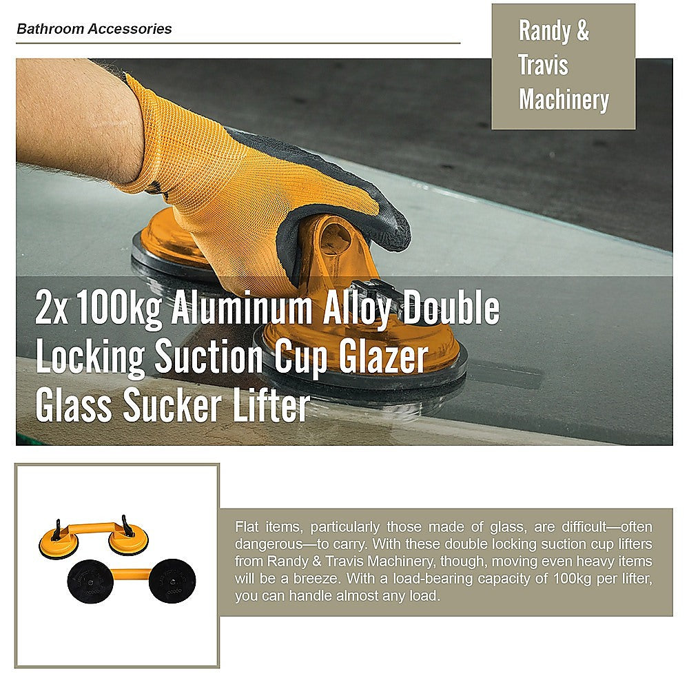 Kitchen & Bathroom DIY: 2x 100kg Aluminum Alloy Double Locking Suction Cup Glazer Glass Sucker Lifter