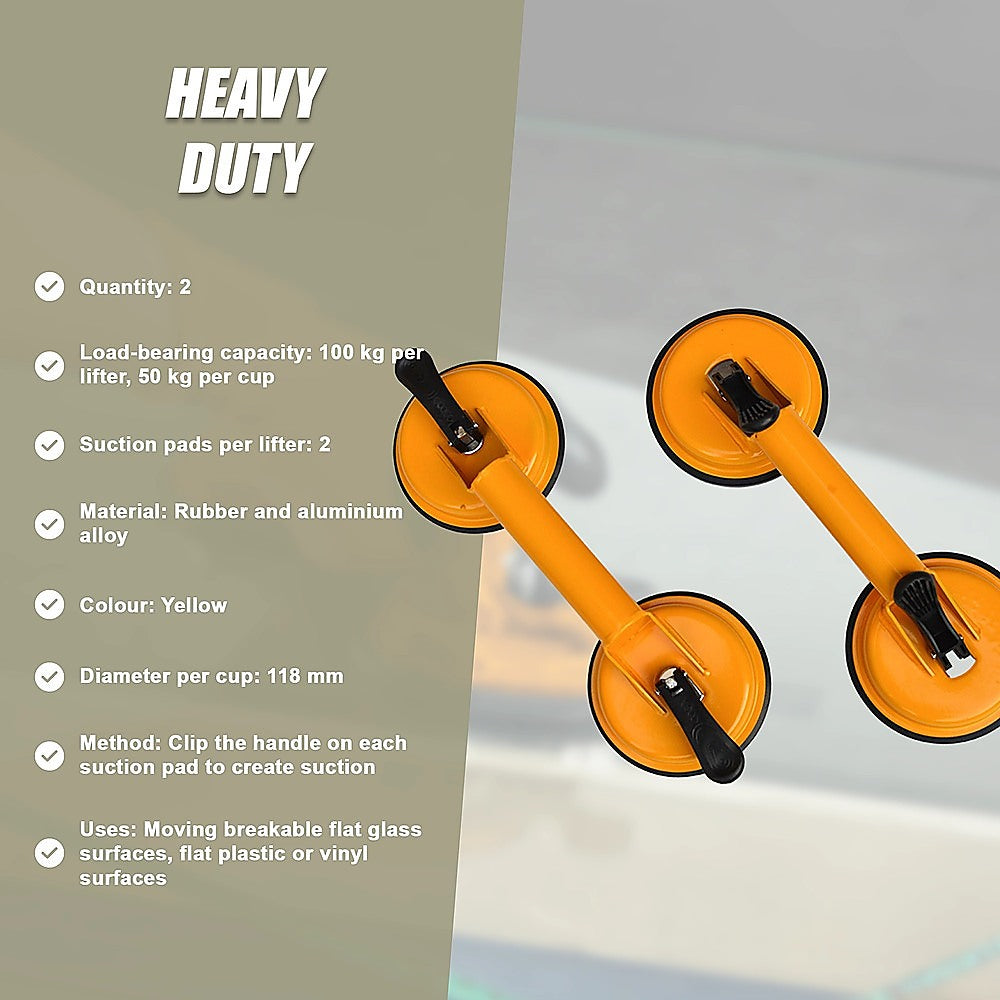 Kitchen & Bathroom DIY: 2x 100kg Aluminum Alloy Double Locking Suction Cup Glazer Glass Sucker Lifter