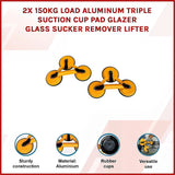 2x 150kg Load Aluminum Triple Suction Cup Pad Glazer Glass Sucker Remover Lifter