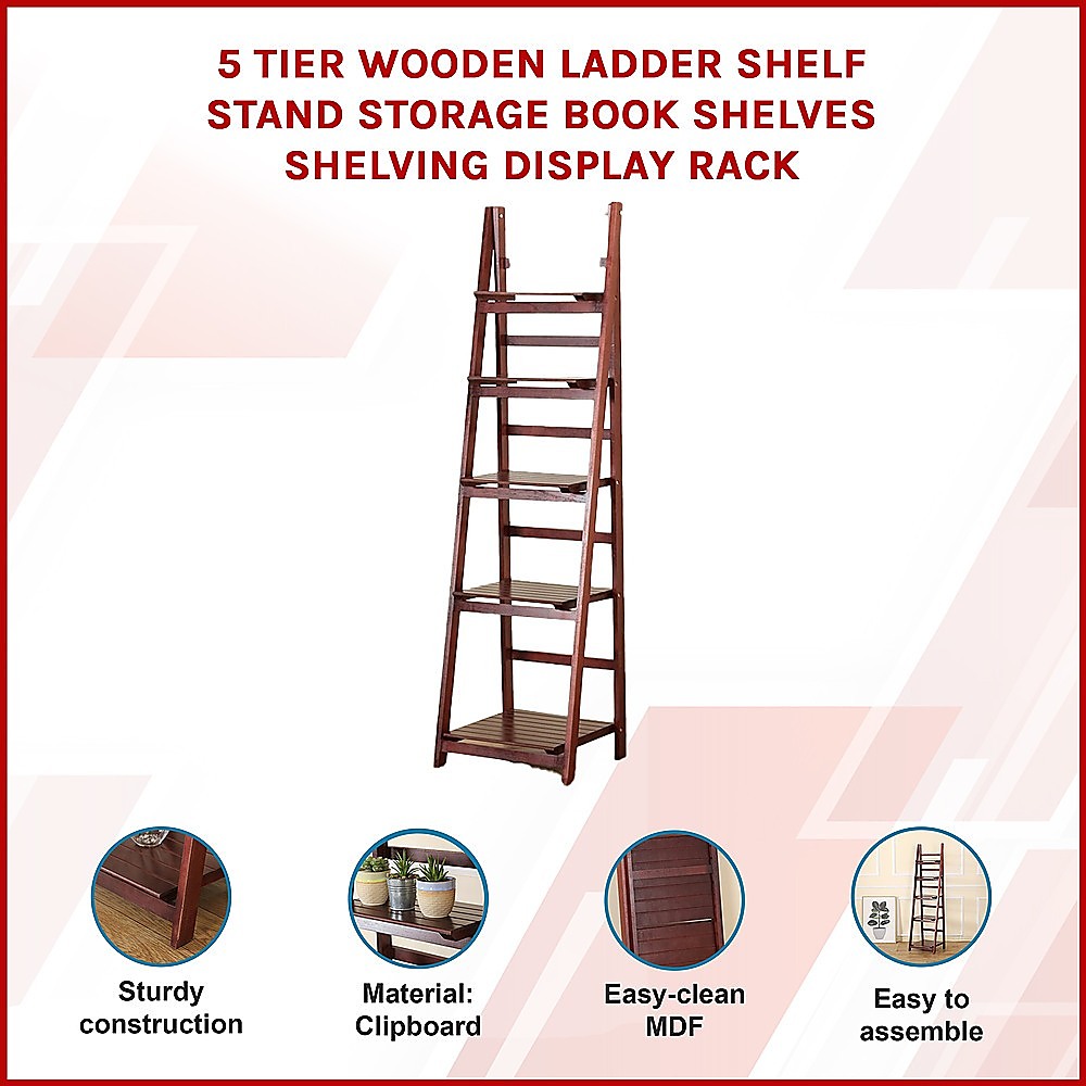 Bookcases & Shelves: 5 Tier Wooden Ladder Shelf Stand Storage Book Shelves Shelving Display Rack