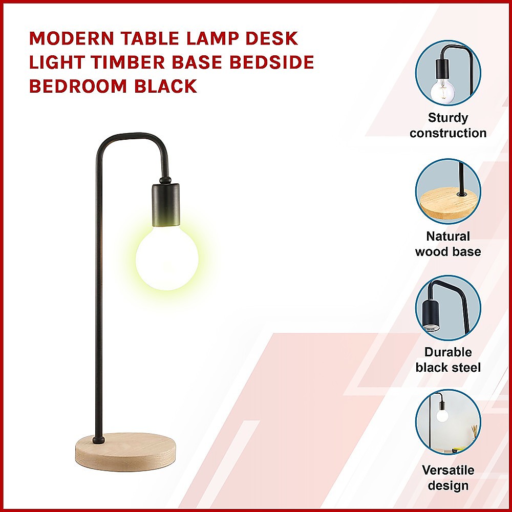 Table Lamps: Modern Table lamp Desk Light Timber Base Bedside Bedroom Black