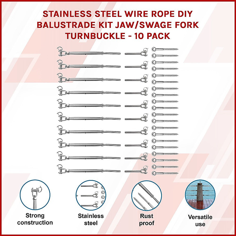 Hardware Hooks: Stainless Steel Wire Rope DIY Balustrade Kit Jaw/Swage Fork Turnbuckle - 10 pack