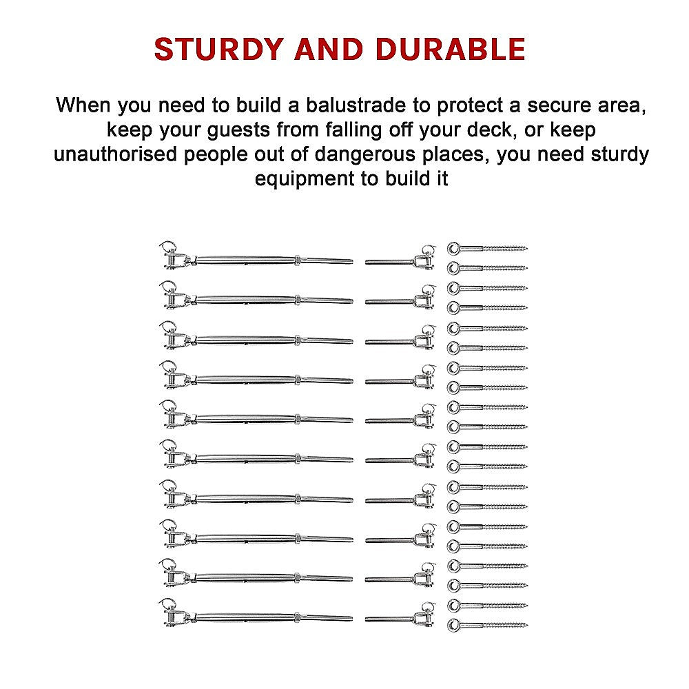 Hardware Hooks: Stainless Steel Wire Rope DIY Balustrade Kit Jaw/Swage Fork Turnbuckle - 10 pack