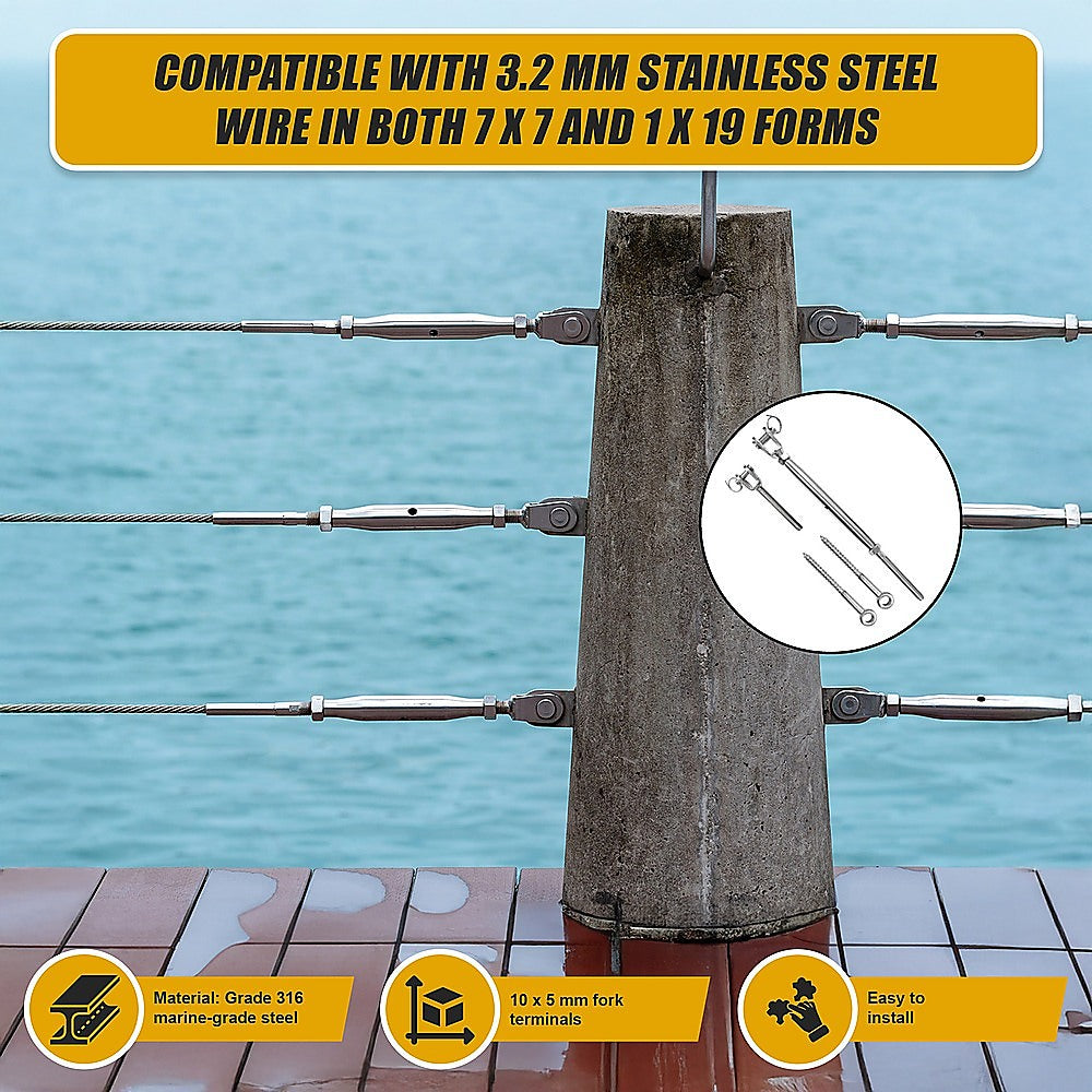 Hardware Hooks: Stainless Steel Wire Rope DIY Balustrade Kit Jaw/Swage Fork Turnbuckle - 10 pack