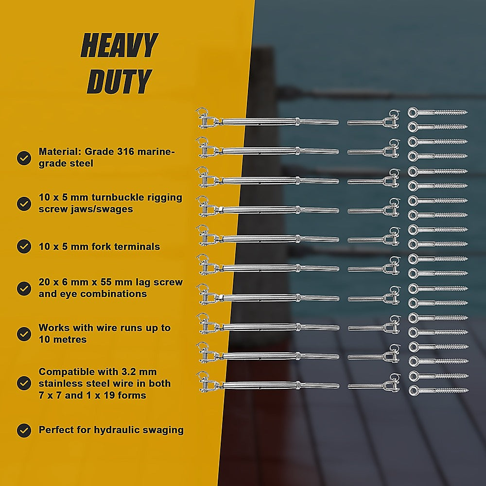Hardware Hooks: Stainless Steel Wire Rope DIY Balustrade Kit Jaw/Swage Fork Turnbuckle - 10 pack