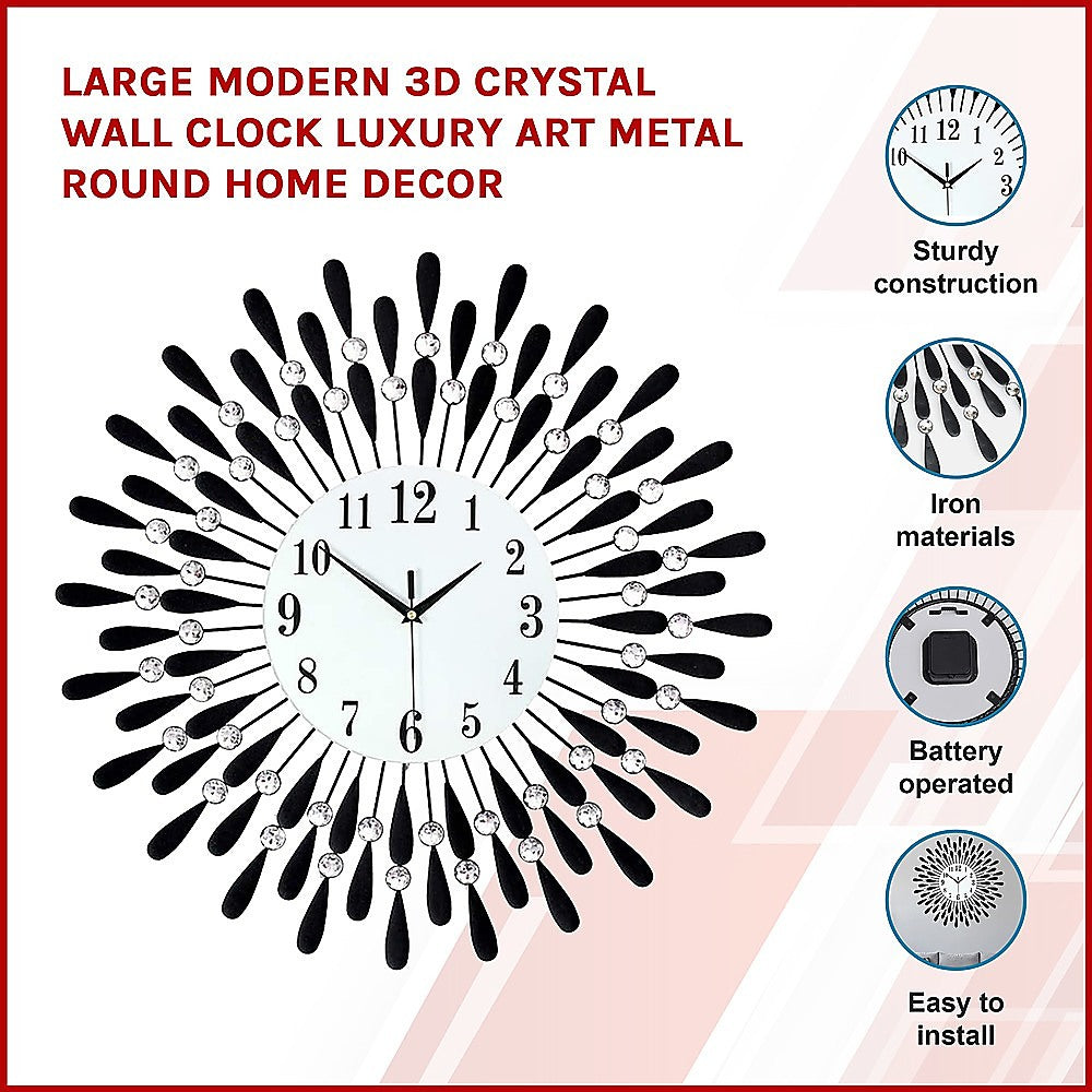 Clocks: Large Modern 3D Crystal Wall Clock Luxury Art Metal Round Home Decor