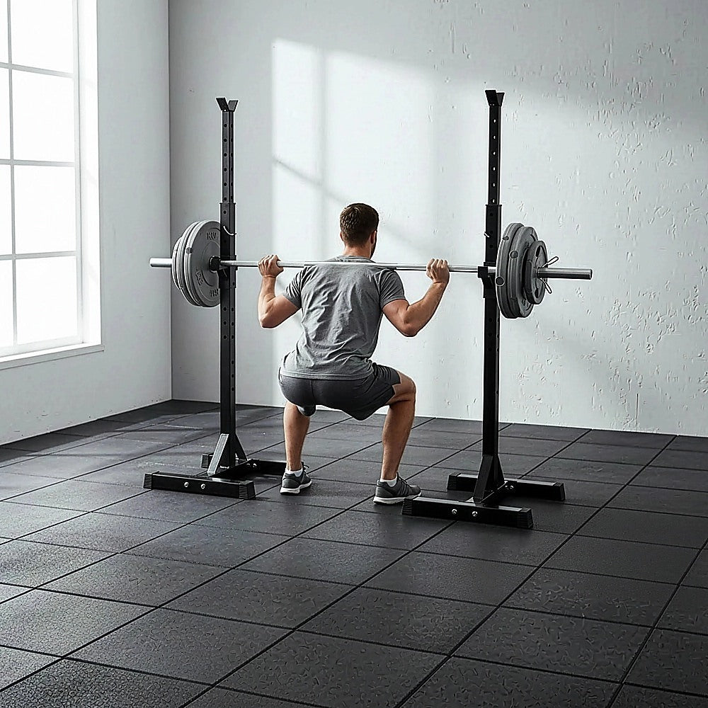 Gym Equipment & Accessories: Adjustable Squat Rack Pair Steel Barbell Bench Press Stands Gym Home