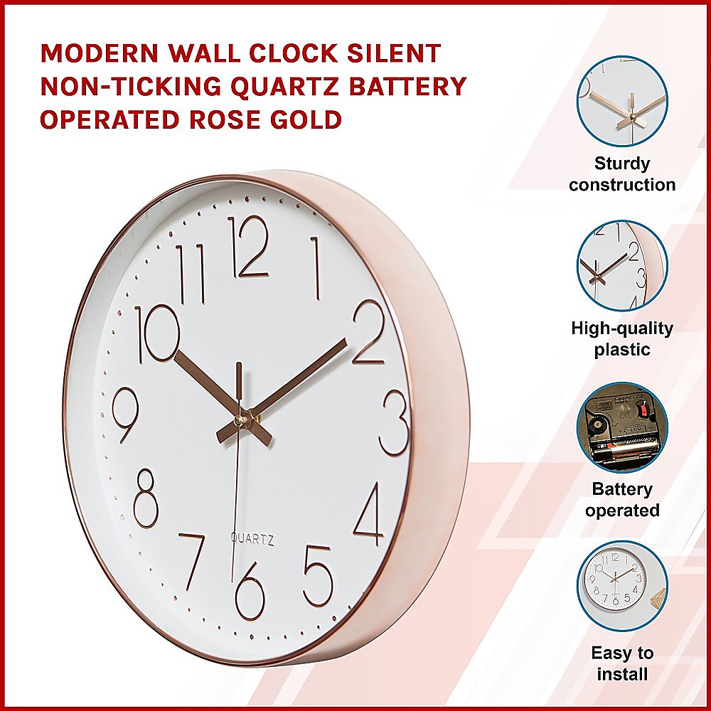 Clocks: Modern Rose Gold Wall Clock  Silent Non-Ticking Quartz Battery Operated Design