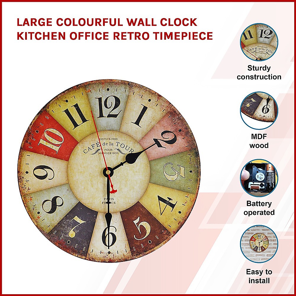 Clocks: Large Colourful Wall Clock Kitchen Office Retro Timepiece