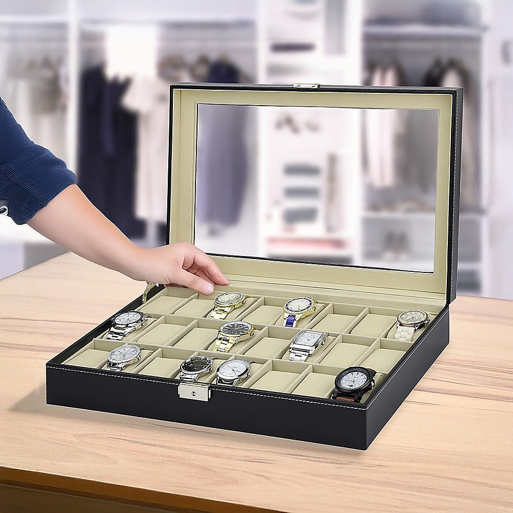 Makeup Organisation & Storage: Watch Box - 24 Slot Luxury Display Case With Framed Glass Lid