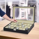 Makeup Organisation & Storage: Watch Box - 24 Slot Luxury Display Case With Framed Glass Lid