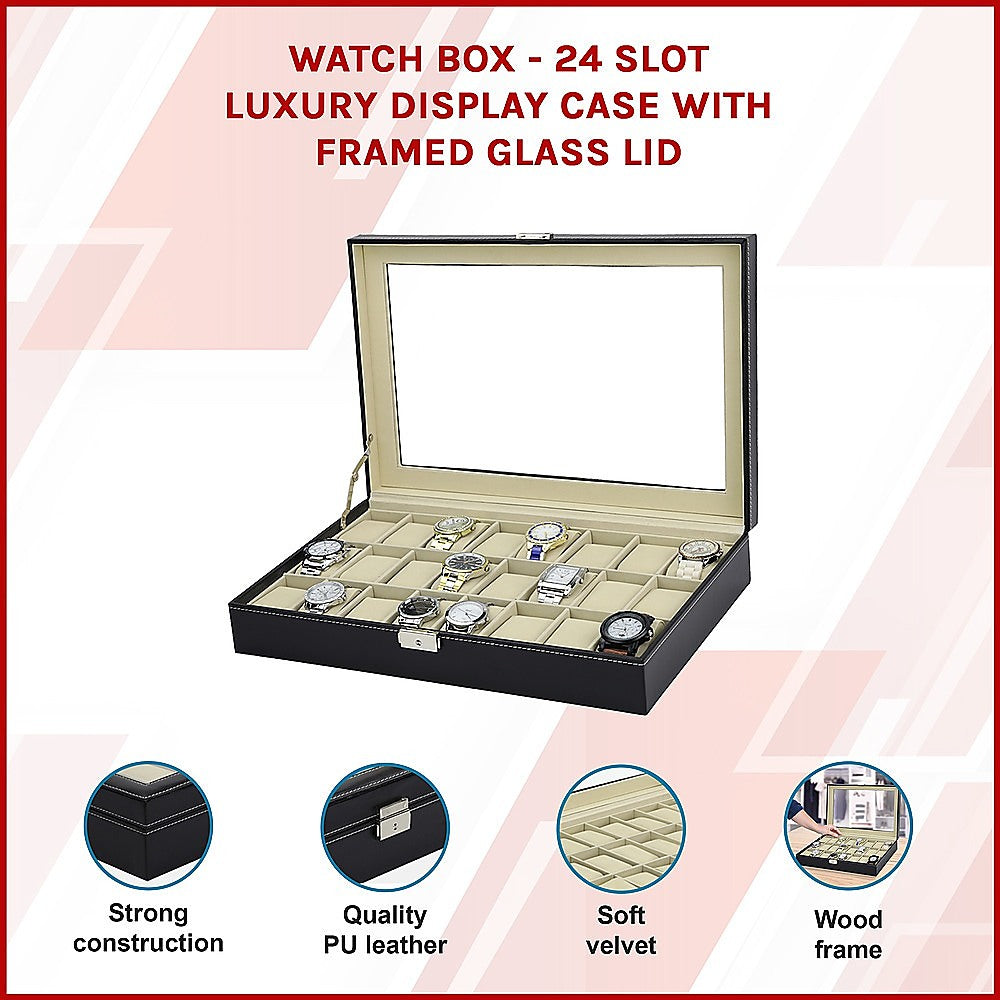 Makeup Organisation & Storage: Watch Box - 24 Slot Luxury Display Case With Framed Glass Lid