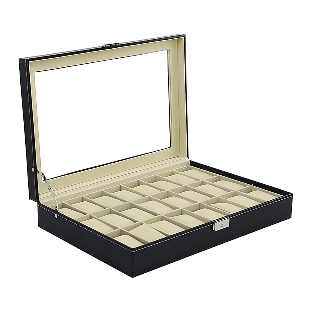 Makeup Organisation & Storage: Watch Box - 24 Slot Luxury Display Case With Framed Glass Lid
