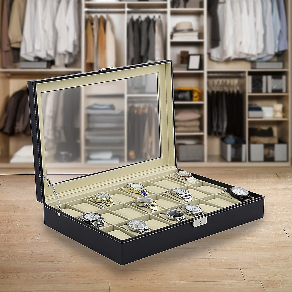 Makeup Organisation & Storage: Watch Box - 24 Slot Luxury Display Case With Framed Glass Lid