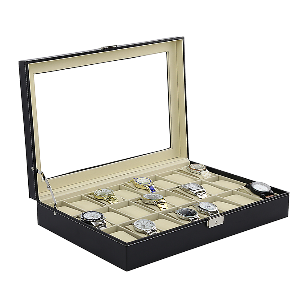 Makeup Organisation & Storage: Watch Box - 24 Slot Luxury Display Case With Framed Glass Lid