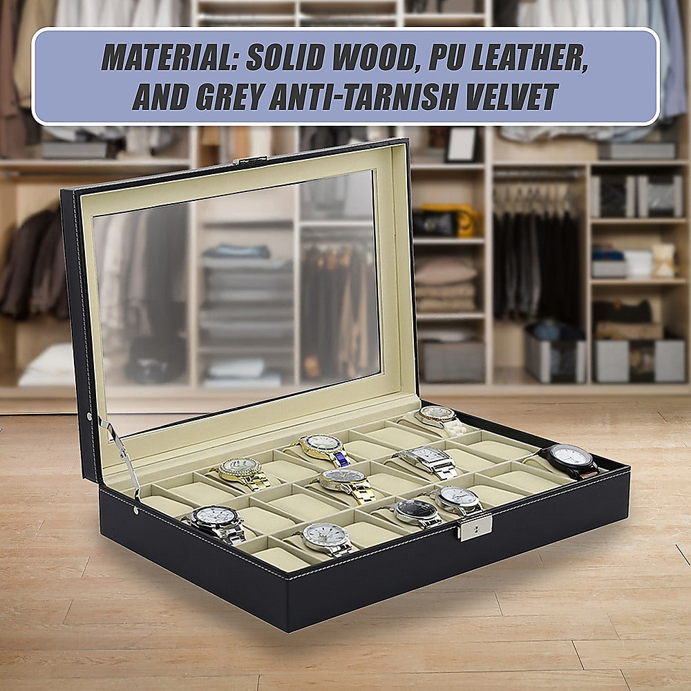 Makeup Organisation & Storage: Watch Box - 24 Slot Luxury Display Case With Framed Glass Lid