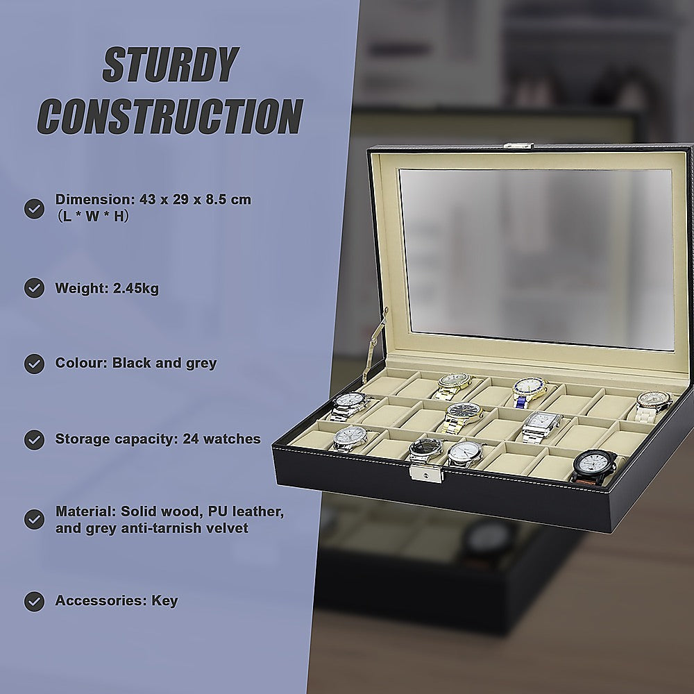 Makeup Organisation & Storage: Watch Box - 24 Slot Luxury Display Case With Framed Glass Lid