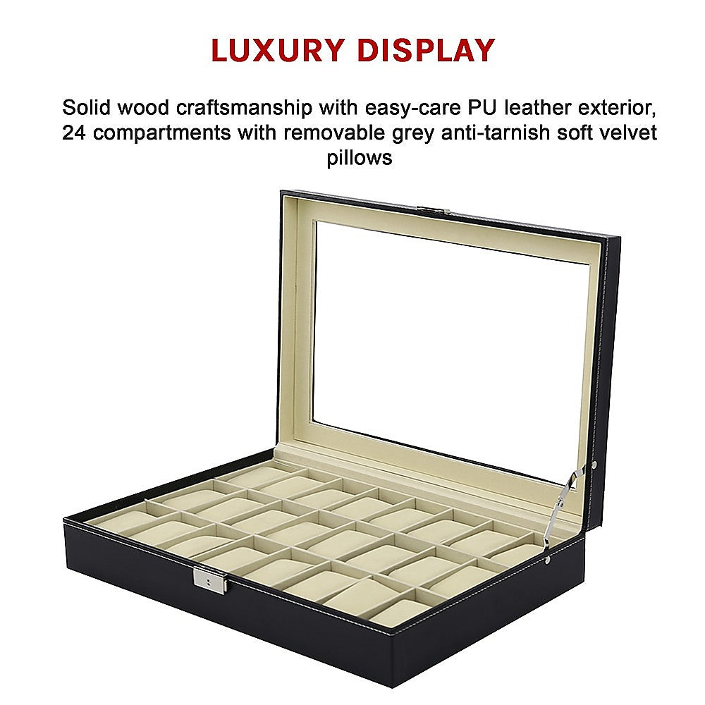 Makeup Organisation & Storage: Watch Box - 24 Slot Luxury Display Case With Framed Glass Lid