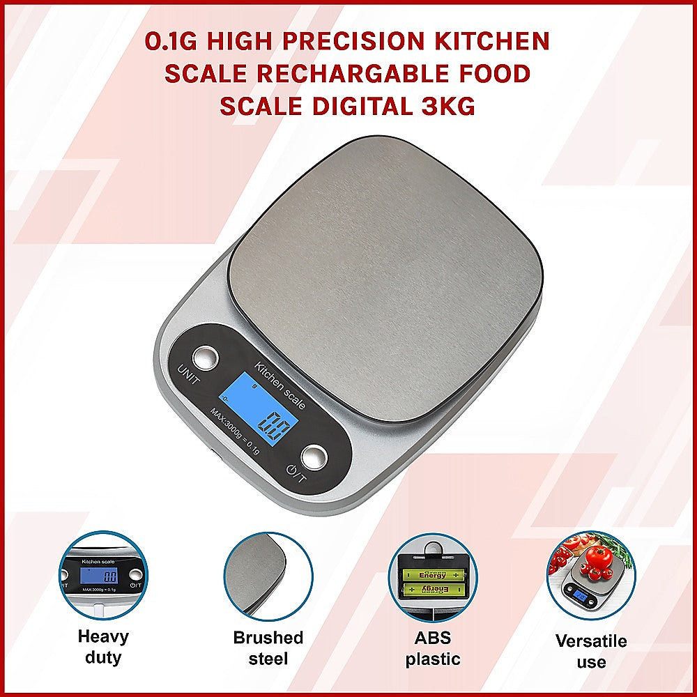 Kitchen Scales: 0.1g Digital Kitchen Scale 3kg Rechargeable High Precision Food