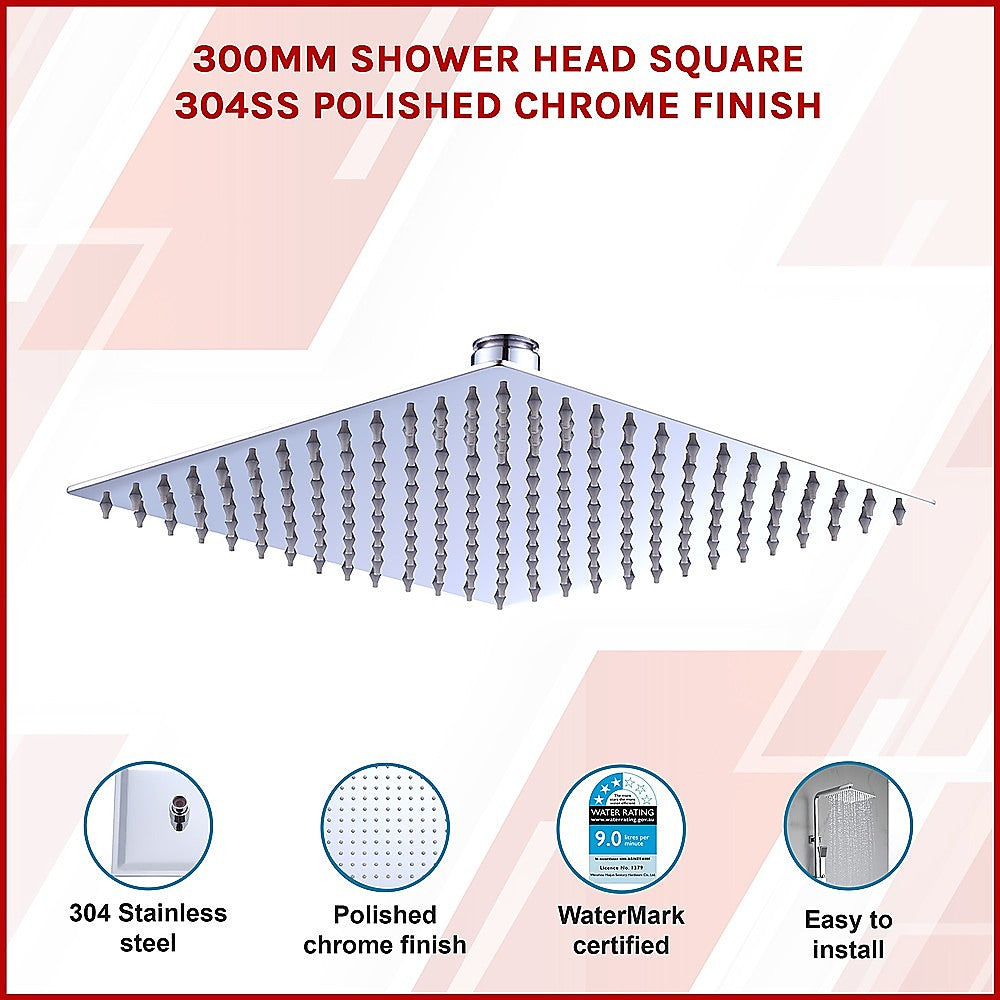 Shower Heads & Screens: 300mm Shower Head Square 304SS Polished Chrome Finish