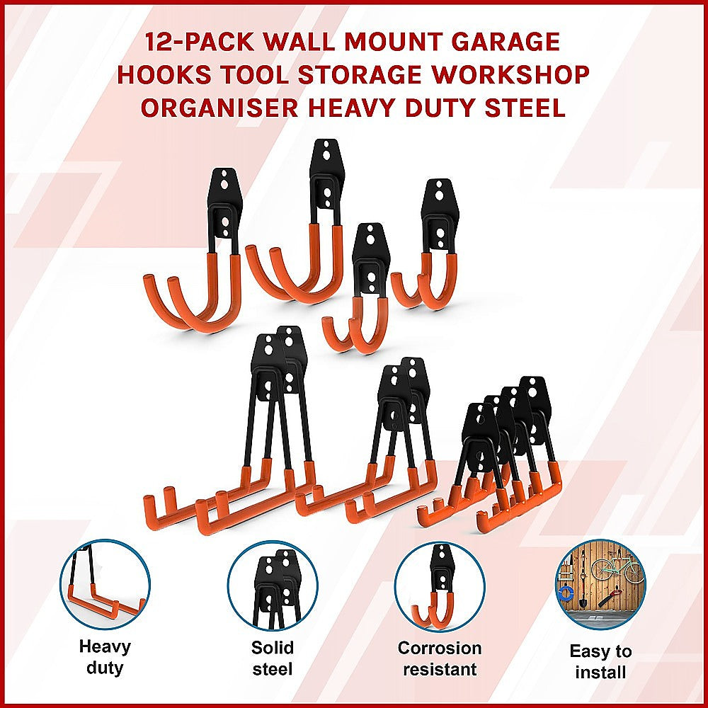Masonry Tools: 12-Pack Wall Mount Garage Hooks Tool Storage Workshop Organiser Heavy Duty Steel