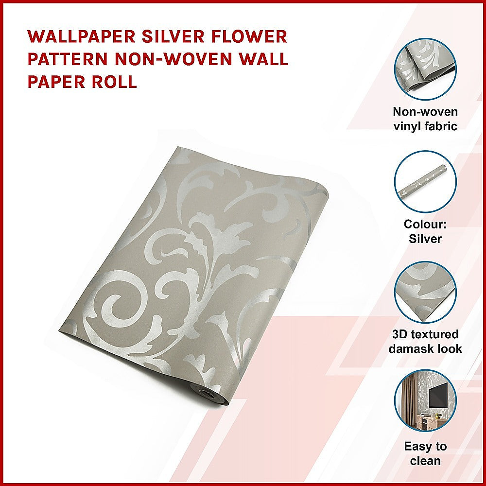 Kitchen & Bathroom DIY: Wallpaper Silver Flower Pattern Non-woven Wall Paper Roll