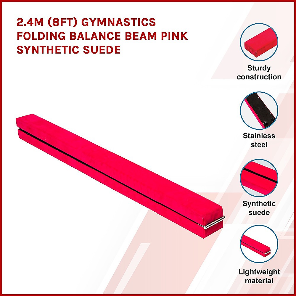 Gym Equipment & Accessories: 2.4m (8FT) Gymnastics Folding Balance Beam Pink Synthetic Suede