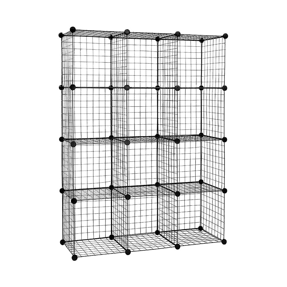 Bookcases & Shelves: 12 Cube Wire Grid Organiser Bookcase Storage Cabinet Wardrobe Closet Black