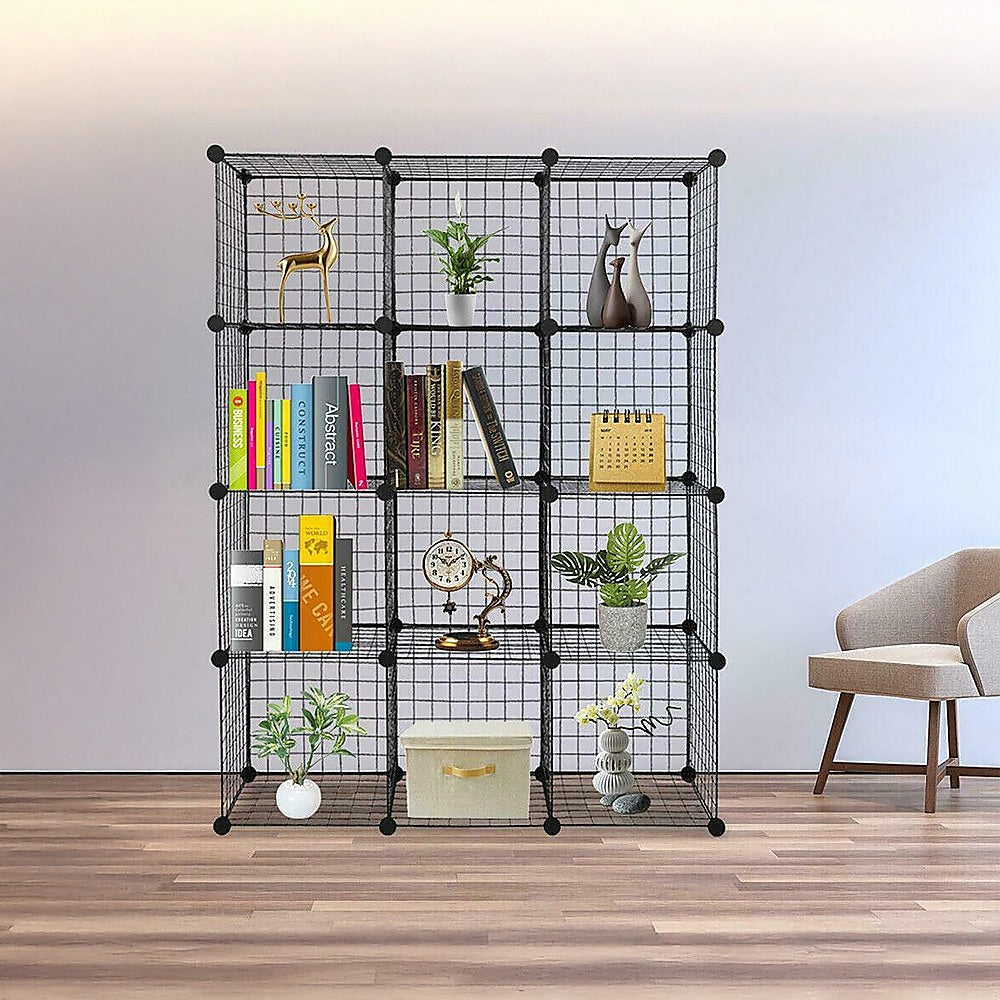 Bookcases & Shelves: 12 Cube Wire Grid Organiser Bookcase Storage Cabinet Wardrobe Closet Black