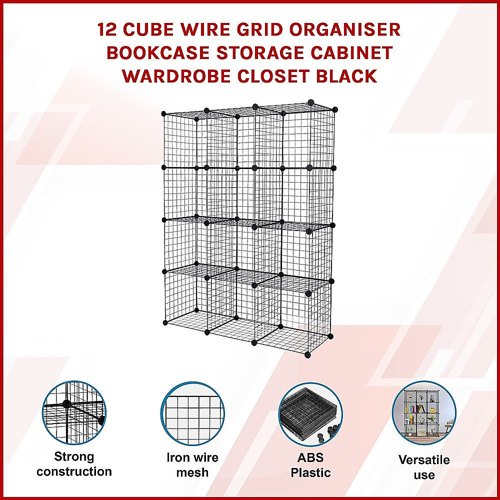 Bookcases & Shelves: 12 Cube Wire Grid Organiser Bookcase Storage Cabinet Wardrobe Closet Black