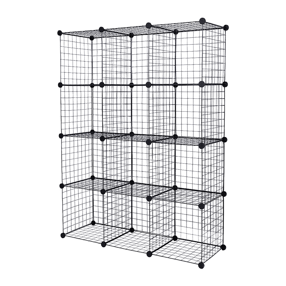Bookcases & Shelves: 12 Cube Wire Grid Organiser Bookcase Storage Cabinet Wardrobe Closet Black