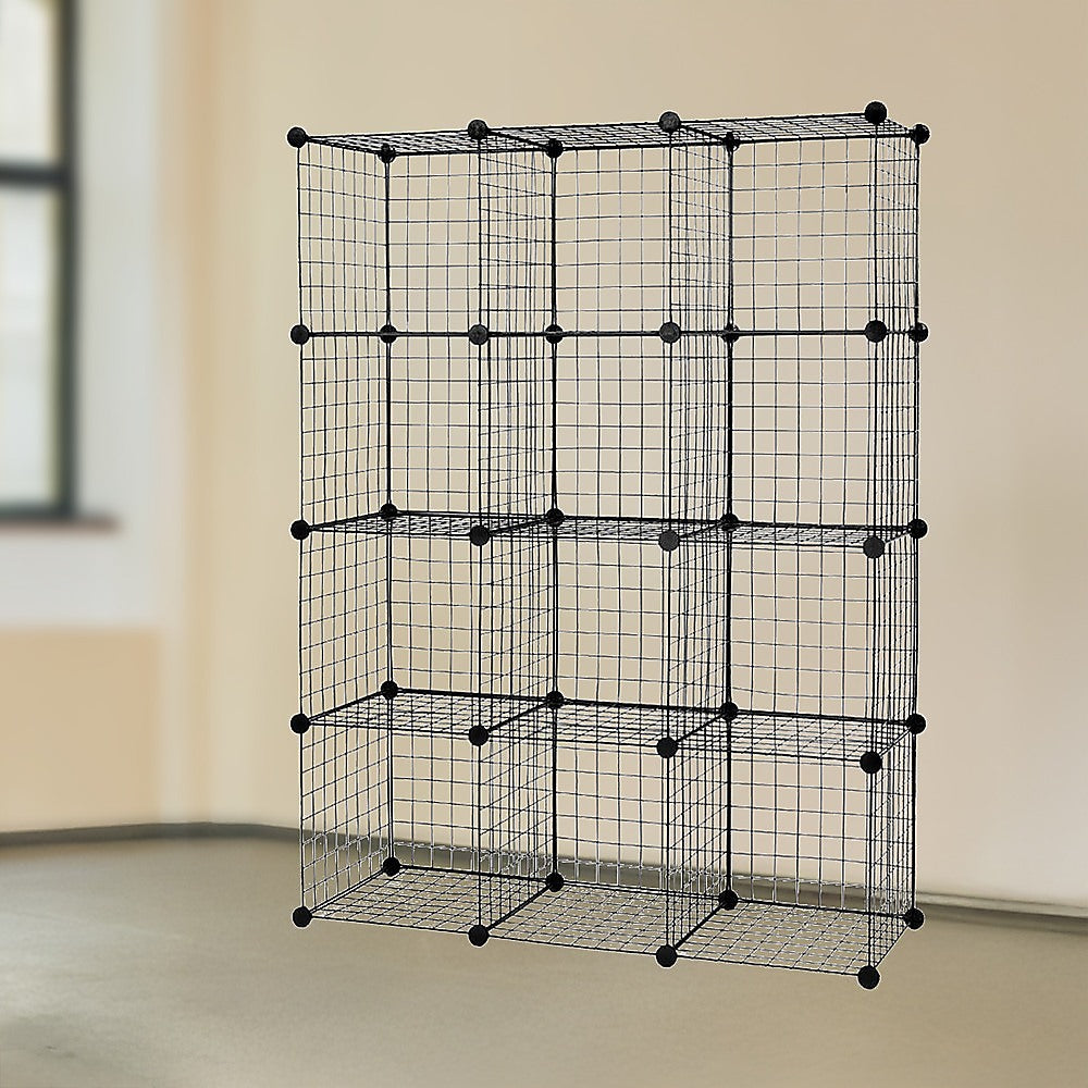 Bookcases & Shelves: 12 Cube Wire Grid Organiser Bookcase Storage Cabinet Wardrobe Closet Black