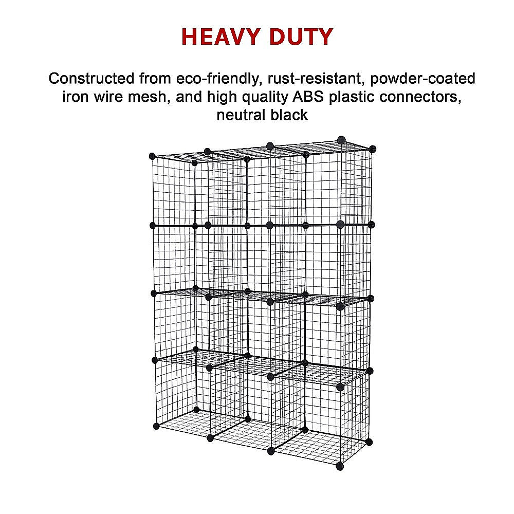 Bookcases & Shelves: 12 Cube Wire Grid Organiser Bookcase Storage Cabinet Wardrobe Closet Black