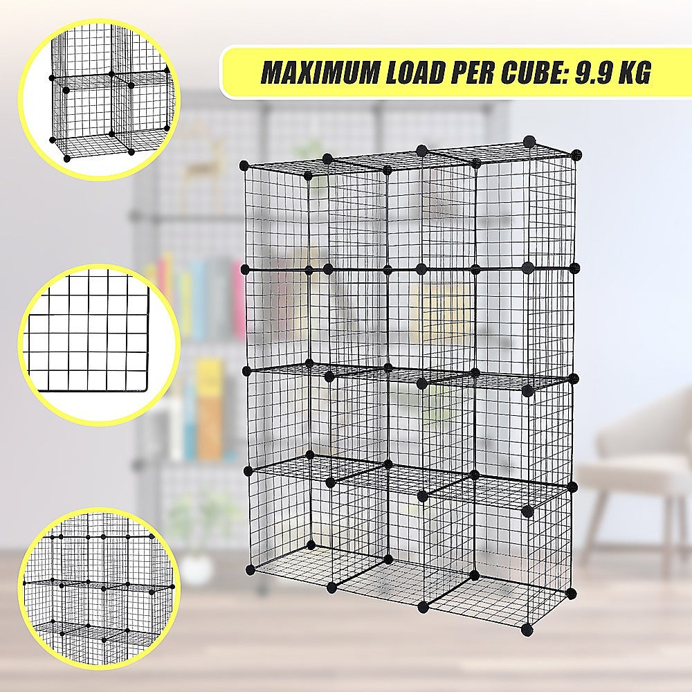 Bookcases & Shelves: 12 Cube Wire Grid Organiser Bookcase Storage Cabinet Wardrobe Closet Black