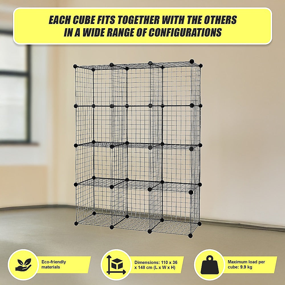 Bookcases & Shelves: 12 Cube Wire Grid Organiser Bookcase Storage Cabinet Wardrobe Closet Black