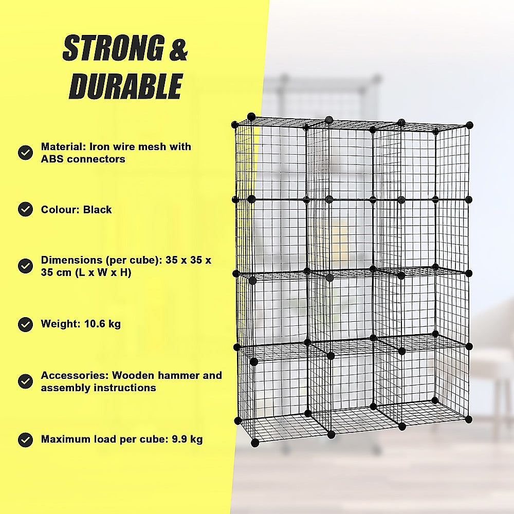 Bookcases & Shelves: 12 Cube Wire Grid Organiser Bookcase Storage Cabinet Wardrobe Closet Black