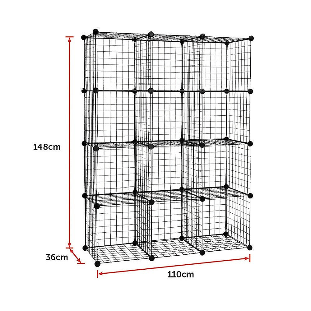 Bookcases & Shelves: 12 Cube Wire Grid Organiser Bookcase Storage Cabinet Wardrobe Closet Black