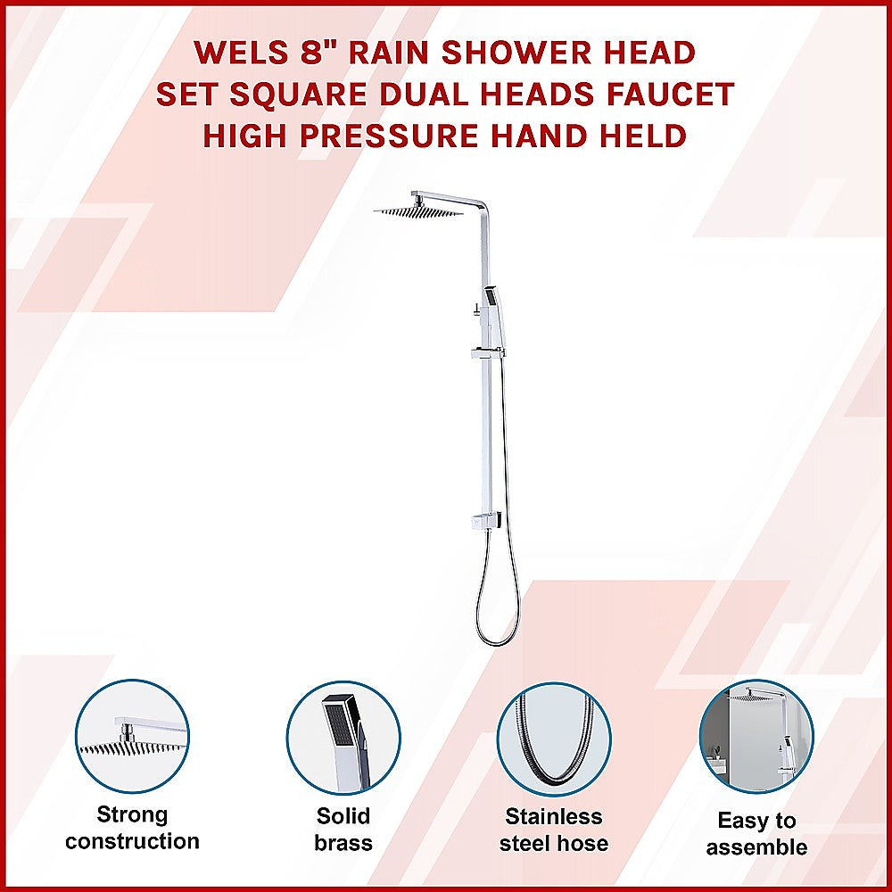 Shower Heads & Screens: WELS 8" Rain Shower Head Set Square Dual Heads Faucet High Pressure Hand Held
