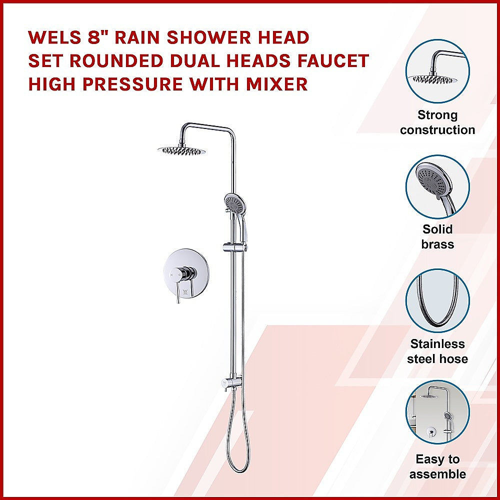 Shower Heads & Screens: WELS 8" Rain Shower Head Set Rounded Dual Heads Faucet High Pressure With Mixer