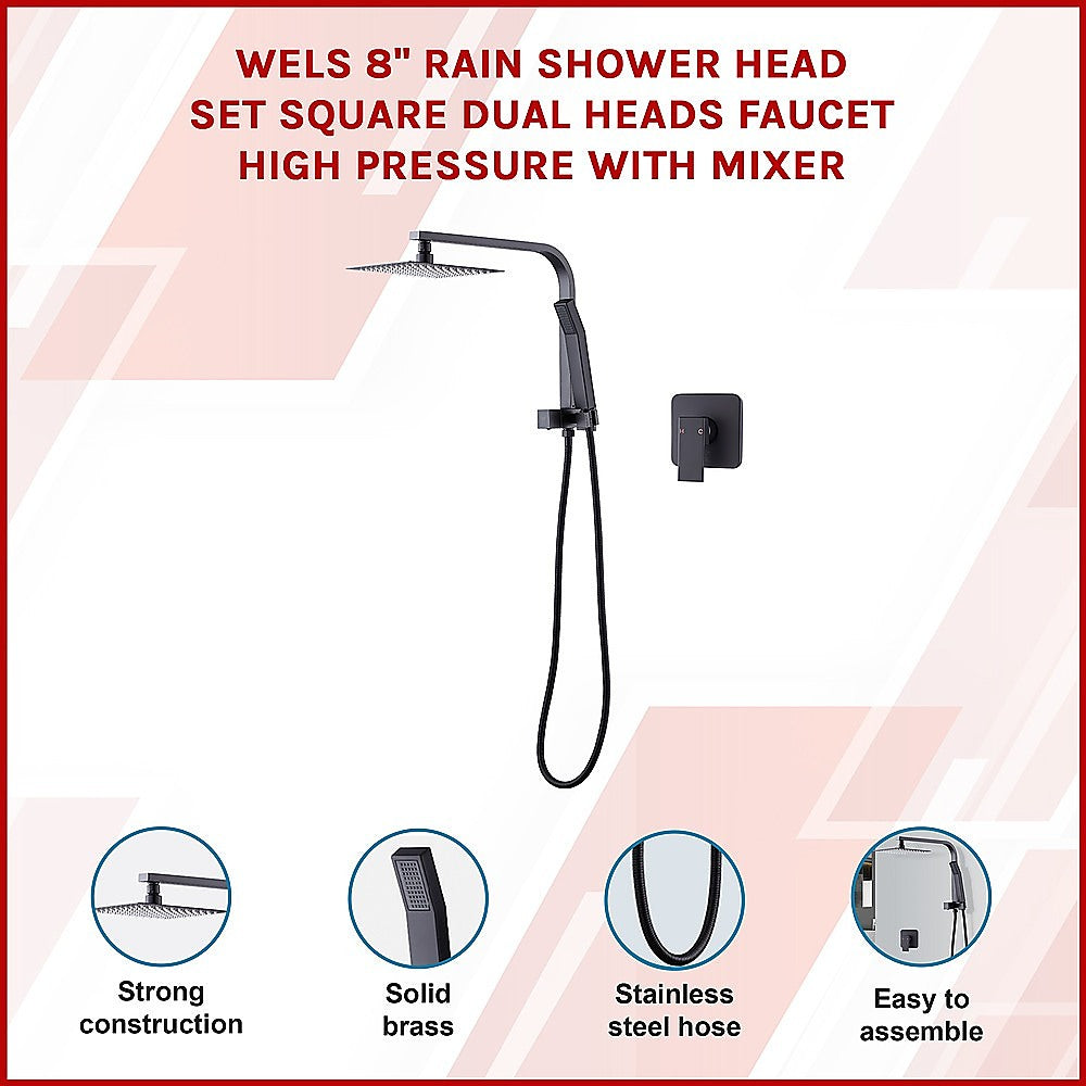 Shower Heads & Screens: WELS 8" Rain Shower Head Set Square Dual Heads Faucet High Pressure With Mixer