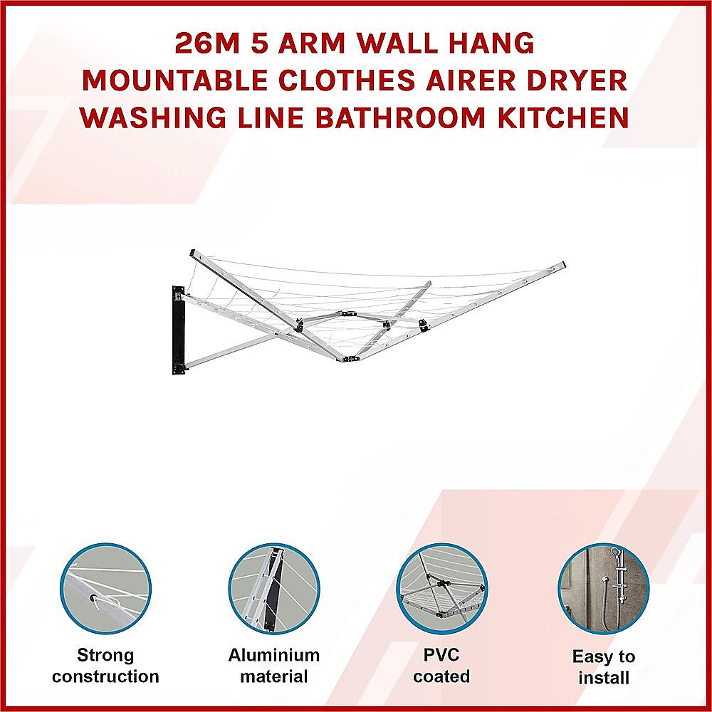 Drying Racks & Hangers: 26m 5 Arm Wall Hang Mountable Clothes Airer Dryer Washing Line Bathroom Kitchen