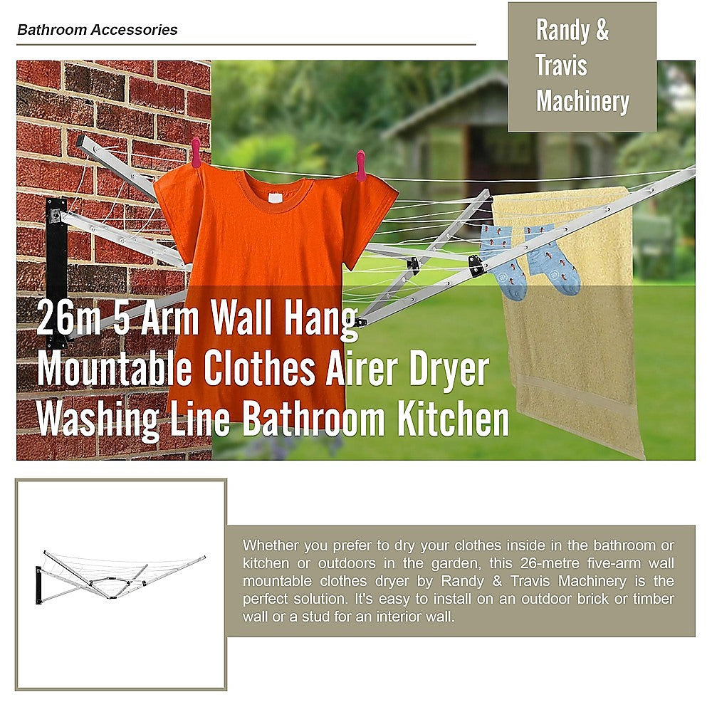 Drying Racks & Hangers: 26m 5 Arm Wall Hang Mountable Clothes Airer Dryer Washing Line Bathroom Kitchen