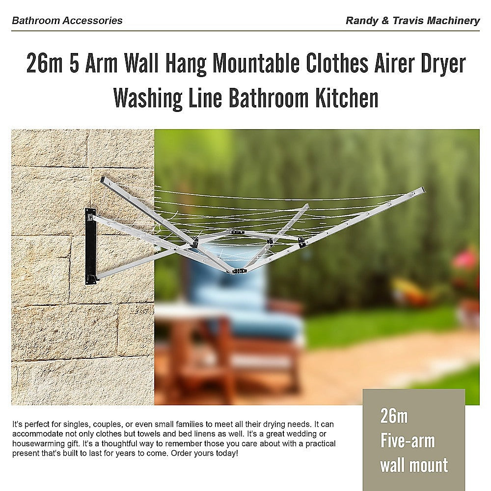 Drying Racks & Hangers: 26m 5 Arm Wall Hang Mountable Clothes Airer Dryer Washing Line Bathroom Kitchen