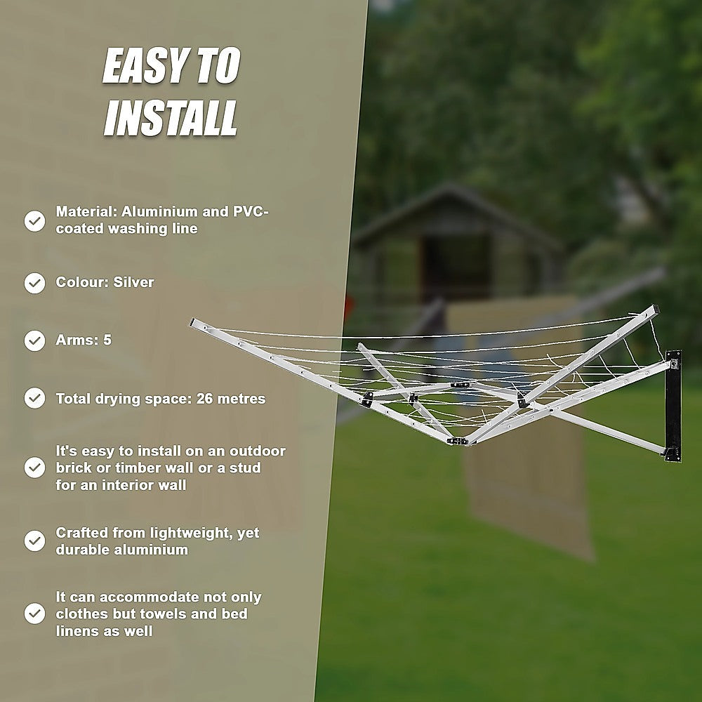 Drying Racks & Hangers: 26m 5 Arm Wall Hang Mountable Clothes Airer Dryer Washing Line Bathroom Kitchen