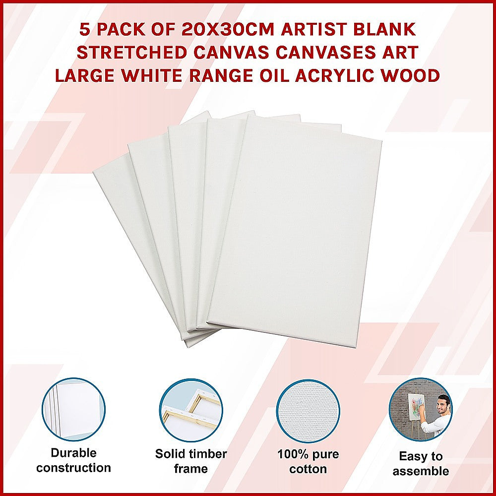 Arts & Crafts: 5 pack of 20x30cm Artist Blank Stretched Canvas Canvases Art Large White Range Oil Acrylic Wood