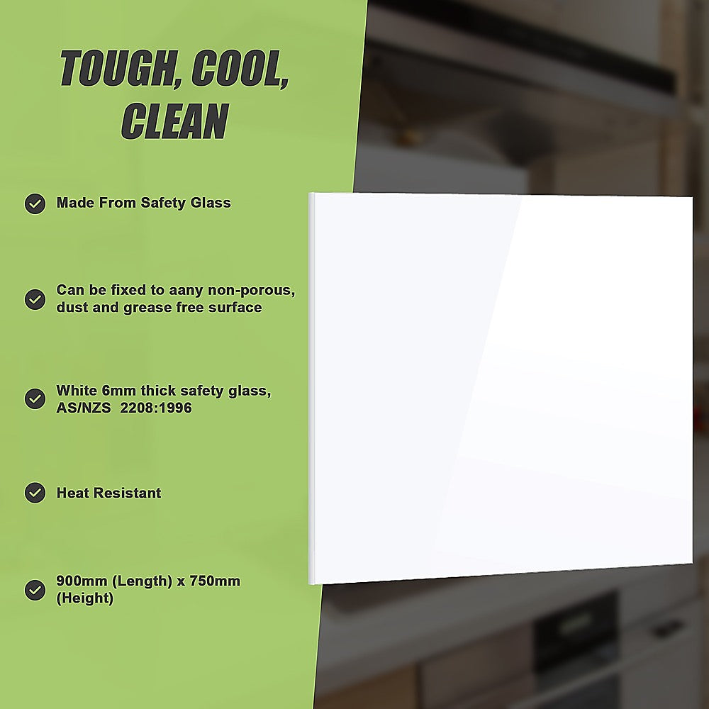 Building Materials: Toughened 90cm x 75cm White Glass Kitchen Splashback