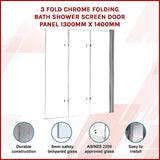 3 Fold Chrome Folding Bath Shower Screen Door Panel 1300mm x 1400mm