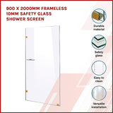 900 x 2000mm Frameless 10mm Safety Glass Shower Screen